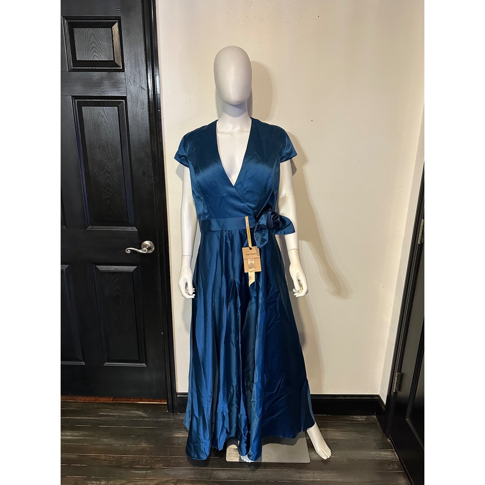 New Fashion Teal Blue Satin Maxi Gown V-Neck Cap Sleeve Formal Dress NWT